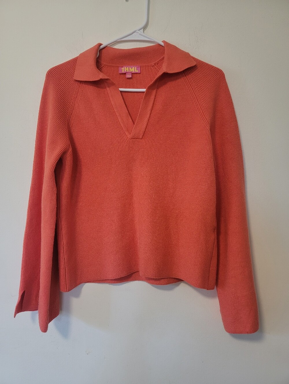 THML Coral-Orange Collared V-Neck Sweater